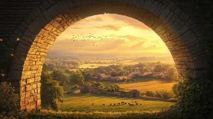 Wall Mural - Roman aqueduct arch framing farmland scene grazing animals and cottages in golden light