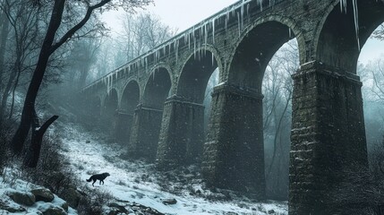 Wall Mural - Winter scene of aqueduct snow falling gently as a wolf prowls through snowy forest