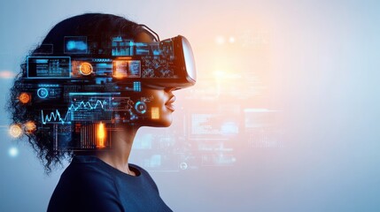 Fototapete - Woman Wearing Virtual Reality Headset Surrounded by Data