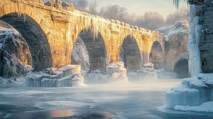 Poster - Frost-covered aqueduct crosses frozen lake pale winter sun casts shadows on the ice