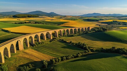 Sticker - Panoramic view of aqueduct casting long shadows over fields sunlight highlights landscape's geometry