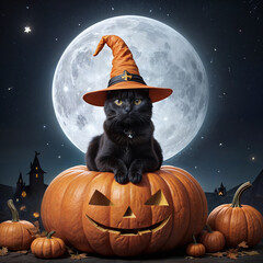 An illustration of a black cat wearing a Halloween costume, sitting on a pumpkin. The costume is a wizard hat. The background is a starry night sky with a large very full moon.