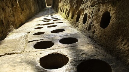 Wall Mural - Drainage holes in the aqueduct’s stone channel worn by centuries of use