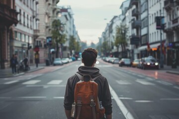 Fototapete - A person walking alone on a deserted street lined with trees, under a dramatic sky at dusk in an urban environment