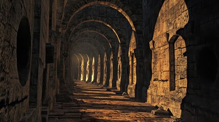 Poster - Wide-angle shot of coliseum’s lower corridors with repeating stone arches