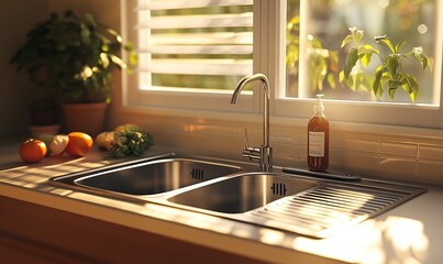 A shiny stainless steel kitchen sink with dual basins is located in front of a sunlit window. There is a bottle of dish soap and some produce on the countertop