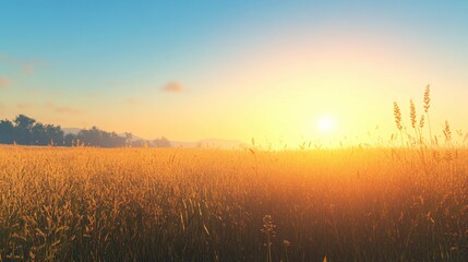 Wall Mural - Golden Grass Field at Sunset with Hazy Sky and Distant Trees