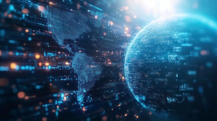 Wall Mural - a glowing blue digital globe with data flowing around it, representing global connectivity and the d