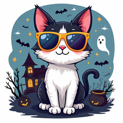 Cartoon illustration of a cat in sunglasses. The background is dark blue. There are Halloween-themed elements around, such as ghosts, bats, haunted houses, cauldron with potions, and stars.