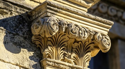 Wall Mural - Decorative cornice on Roman temple roof carved leaves and scrolls slightly eroded