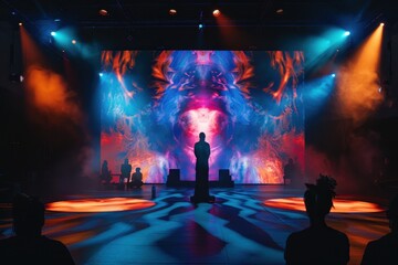 Fototapete - Spectators immersed in a vibrant digital art display during an evening event at a contemporary art gallery, showcasing a blend of light and color