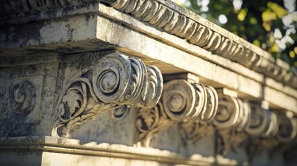 Wall Mural - Carved leaves and scrolls on Roman cornice sunlight casting shadows on intricate patterns