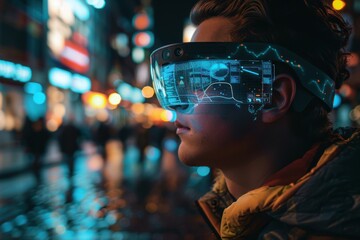 Leinwandbilder - A person interacting with a futuristic holographic display in a high-tech environment showcasing brain activity analysis and virtual reality technology