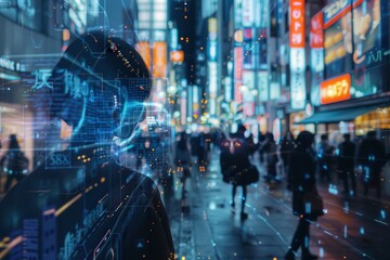 Leinwandbilder - A person interacting with a futuristic holographic display in a high-tech environment showcasing brain activity analysis and virtual reality technology