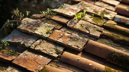 Wall Mural - Detailed view of cracked terracotta roof tiles on Roman temple small plants between cracks