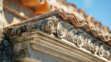 Wall Mural - Ornate cornices on Roman temple roofline small gaps forming as stone crumbles