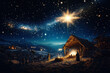 © fotoyou - Wooden Stable at Dark Blue Starry Night, Jesus Christ Birth Concept with Copy Space