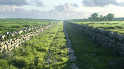 Wall Mural - Roman road stretching into distance bordered by ancient walls sunlight casting shadows across road