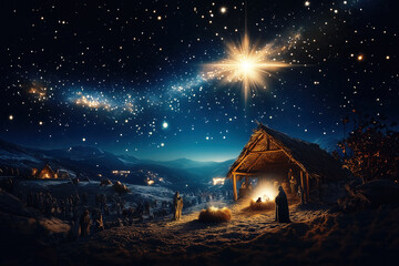 wooden stable at dark blue starry night, jesus christ birth concept with copy space