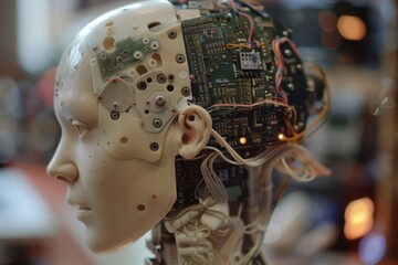Leinwandbilder - A close-up view of a humanoid robot's head with intricate wiring and electronic components displayed at a technology expo in the heart of the city during the evening hours