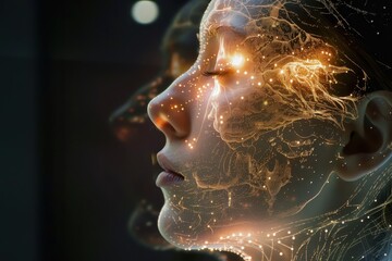 Leinwandbilder - A close-up view of a humanoid robot's head with intricate wiring and electronic components displayed at a technology expo in the heart of the city during the evening hours