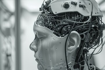 Leinwandbilder - A close-up view of a humanoid robot's head with intricate wiring and electronic components displayed at a technology expo in the heart of the city during the evening hours
