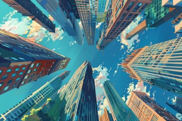 Fototapete - Aerial view of towering skyscrapers reaching towards a bright blue sky filled with fluffy clouds during a sunny day in a bustling urban city environment
