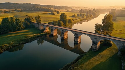 Canvas Print - Panoramic view of a Roman bridge over a calm river its arches perfectly reflected in the water below