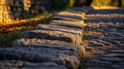 Canvas Print - Rounded stone markers of Roman road polished by centuries daylight showing cracks and texture