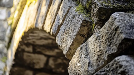 Poster - Detailed view of cracked mortar in Roman road rough surface exposed grass growing in gaps