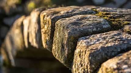 Poster - Worn mortar between Roman road stones rough surface exposed with grass growing in gaps