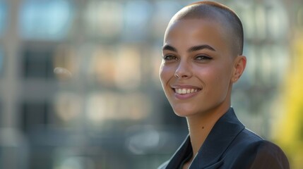 Businesswoman in formal wear, exuding confidence and happiness, smiling to the side in a modern outdoor environment