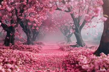Aufkleber - A serene path through a blooming cherry blossom forest during early spring in a tranquil landscape illuminated by soft sunlight