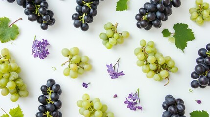 Harmonious Medley: A Captivating Tapestry of Black and Green Grapes and Lilac Flowers on a Serene Wh