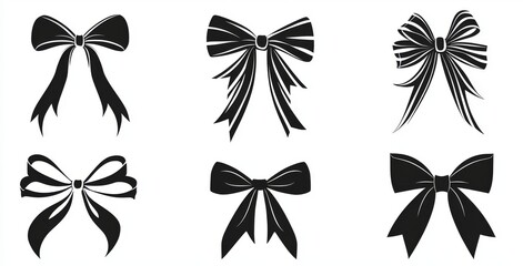 Modern outline illustrations isolated on transparent background. Black Monochrome decorative ribbon bows set. Holiday sign collection. Ribbon symbol, accessory logo, svg, cut files.