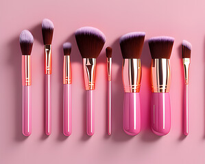 Pink make up brush set in pink background, Generated By Ai