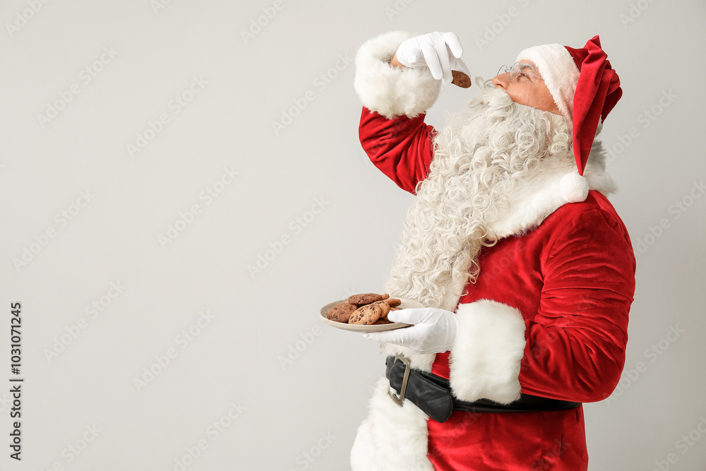Santa Claus eating tasty cookies on white background