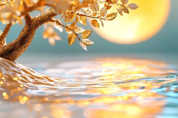 A golden bonsai tree with gold leaves is intended as a wealth and prosperity background wallpaper, based on generative AI