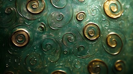 A close-up of a teal and gold textured surface with swirling patterns.