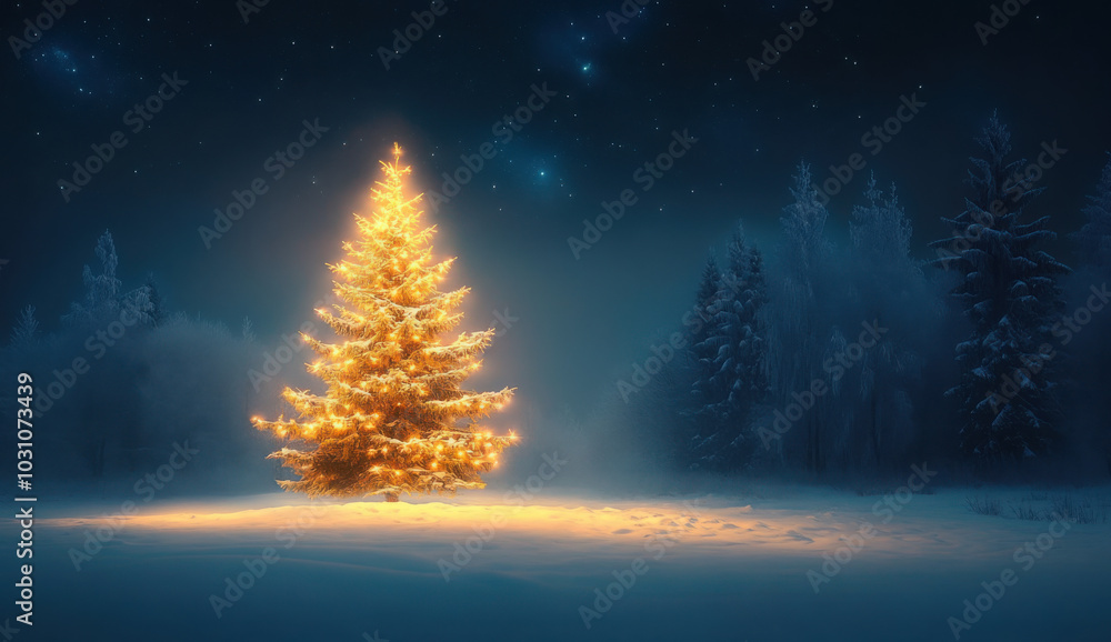 Snow covered christmas tree in winter forest with copy space at night ...