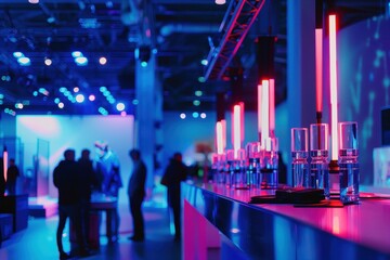 Fototapete - Visitors exploring an interactive digital exhibition in a modern space with vivid lighting