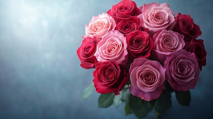 A bouquet of pink and red roses against a blue background.