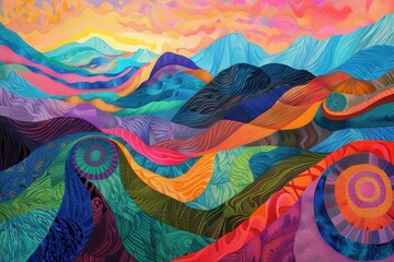 Aufkleber - Vibrant abstract landscape featuring swirling colors, planets, and intricate patterns, showcasing creativity and imagination in artistic expression