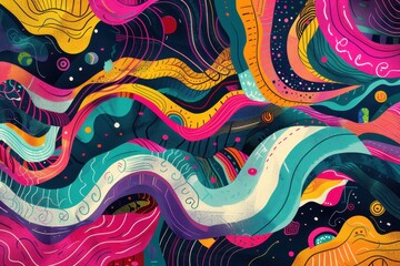 Fototapete - Colorful abstract waves with intricate patterns create a vibrant display, showcasing creativity and movement against a dark backdrop, ideal for artwork or design inspiration