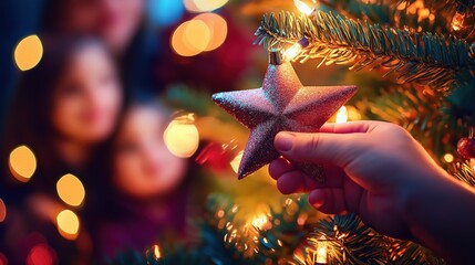 A child\'s hand carefully places a shiny star on top of a glowing Christmas tree during a festive gathering