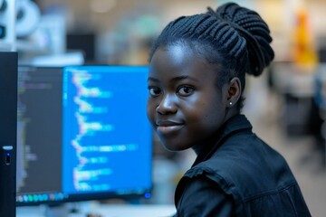 African American female web programmer coding on computer in modern office setting. Shows diversity and female representation in tech industry.