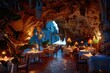© SaroStock - Dining experience in a coastal cave restaurant with warm lighting and beautiful ocean views during twilight hours