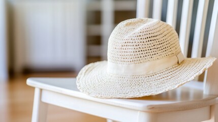 A straw hat rests on a white wooden chair, evoking a sense of summer relaxation, AI