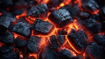 Smoldering charcoal glows vibrantly, cracking under the intense heat of flames