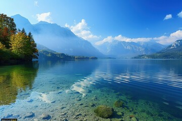 Wall Mural - Majestic mountain landscape with serene lake reflecting peaks and lush pine forests during a clear day in a tranquil wilderness setting